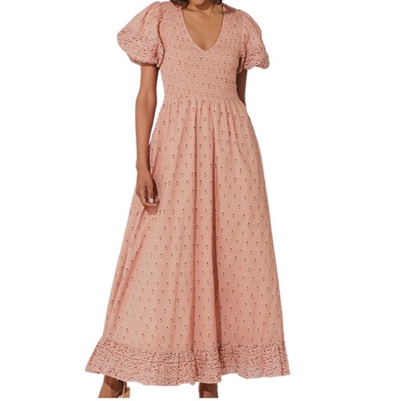 Cleobella Harmoni Print V Neck Puff Sleeve Ankle Dress SZ L Peach Orange